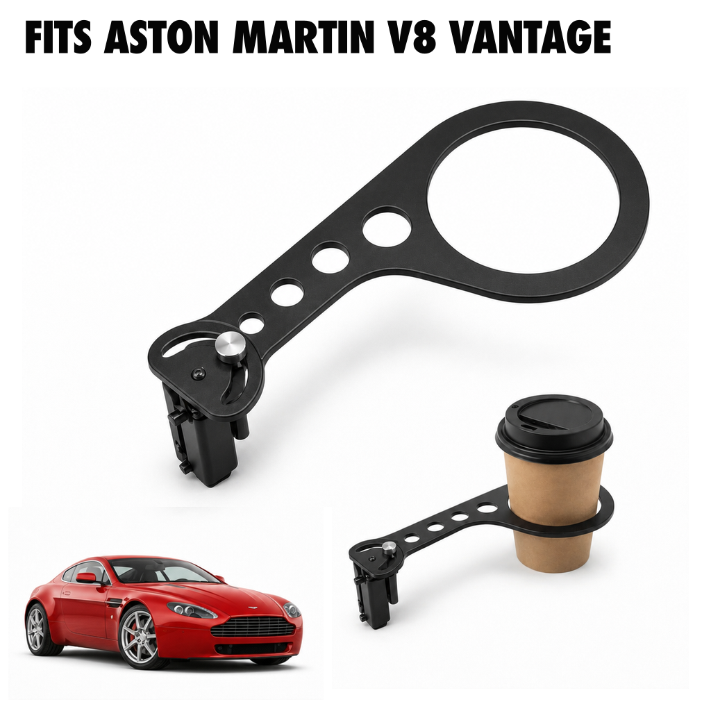 Rinashi Aston Martin V8 Vantage no-drill seat-rail cup holder with Aston Martin V8 Vantage vehicle