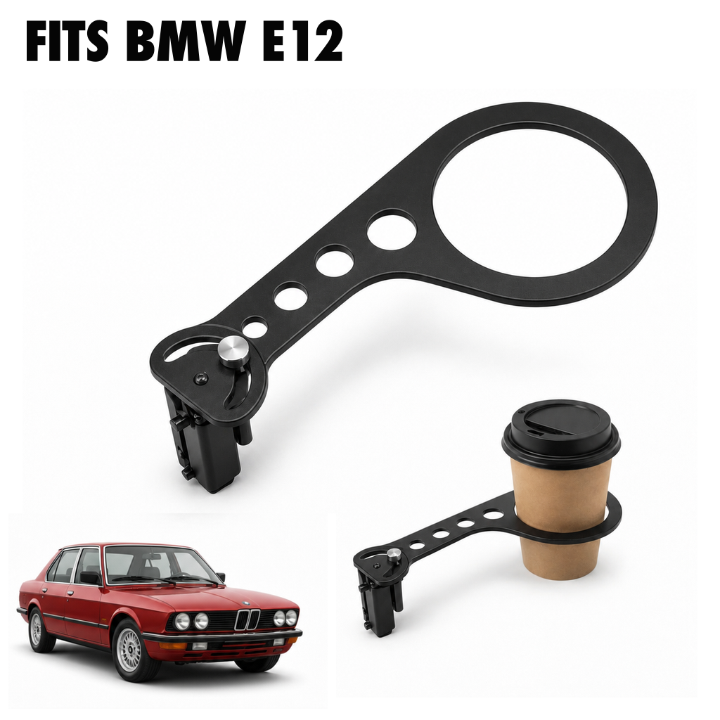 Rinashi BMW E12 no-drill seat-rail cup holder with BMW E12 vehicle