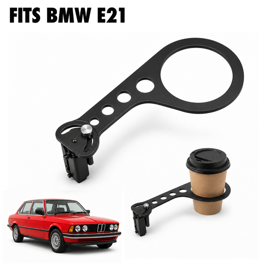 Rinashi BMW E21 no-drill seat-rail cup holder with BMW E21 vehicle