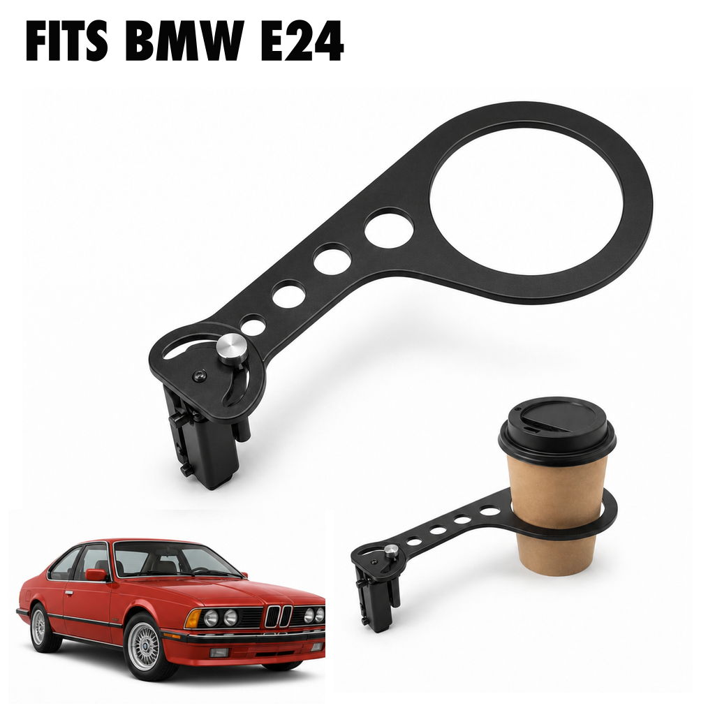 Rinashi BMW E24 no-drill seat-rail cup holder with BMW E24 vehicle