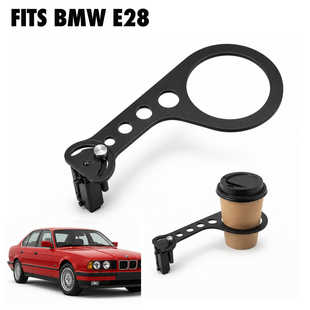Rinashi BMW E28 no-drill seat-rail cup holder with BMW E28 vehicle