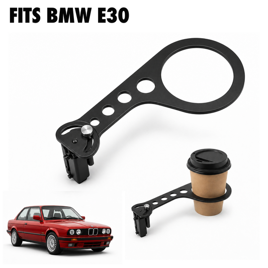 Rinashi BMW E30 no-drill seat-rail cup holder with BMW E30 vehicle