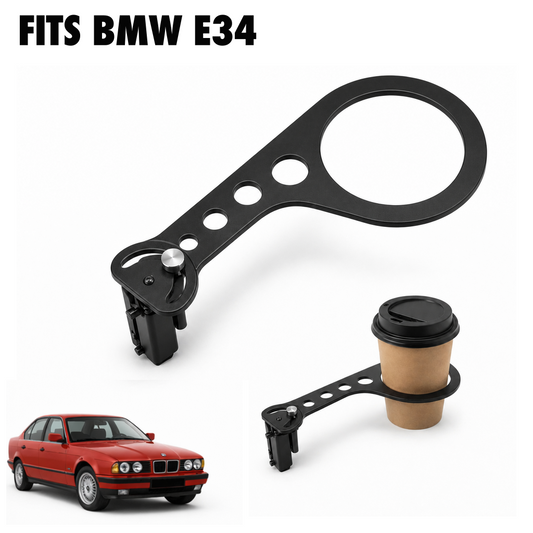 Rinashi BMW E34 no-drill seat-rail cup holder with red E34 sedan