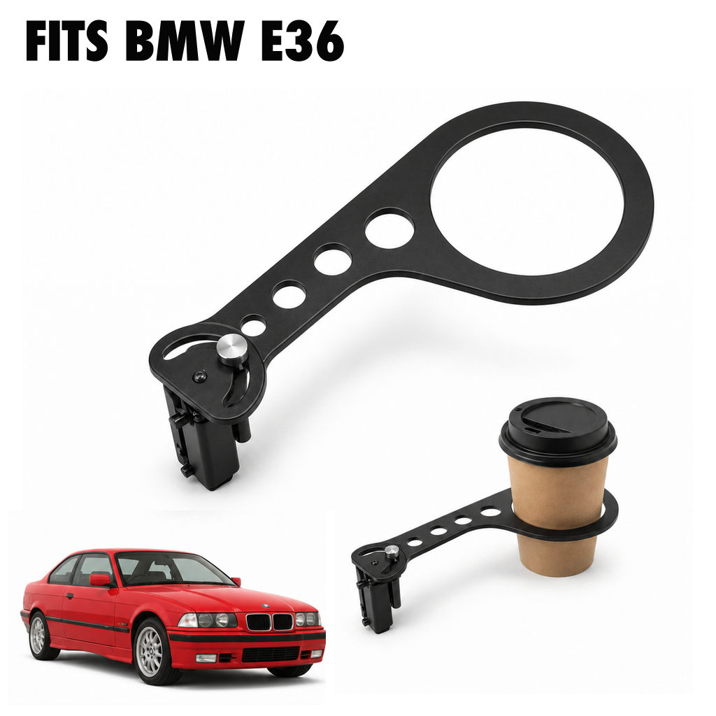 Rinashi BMW E36 no-drill seat-rail cup holder with BMW E36 vehicle