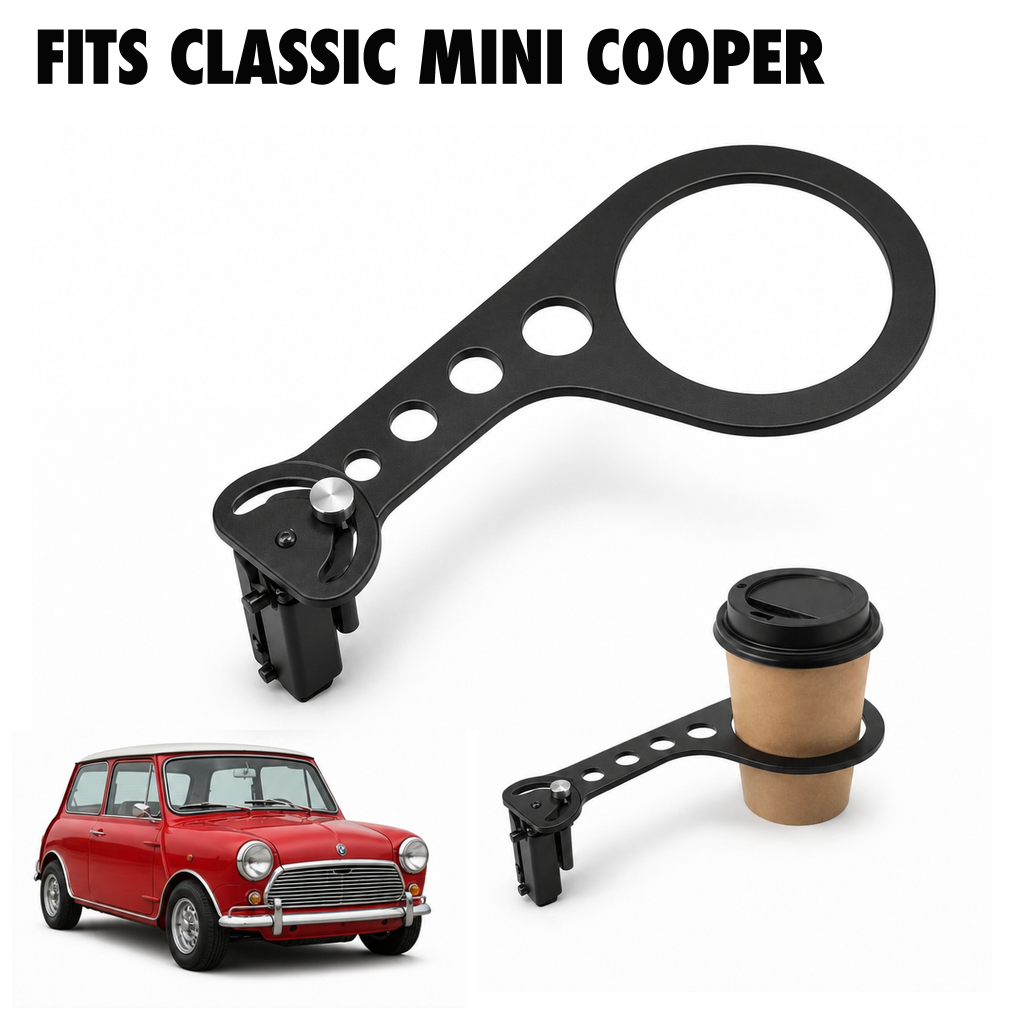 Rinashi Classic Mini Cooper no-drill seat-rail cup holder with Classic Mini Cooper vehicle