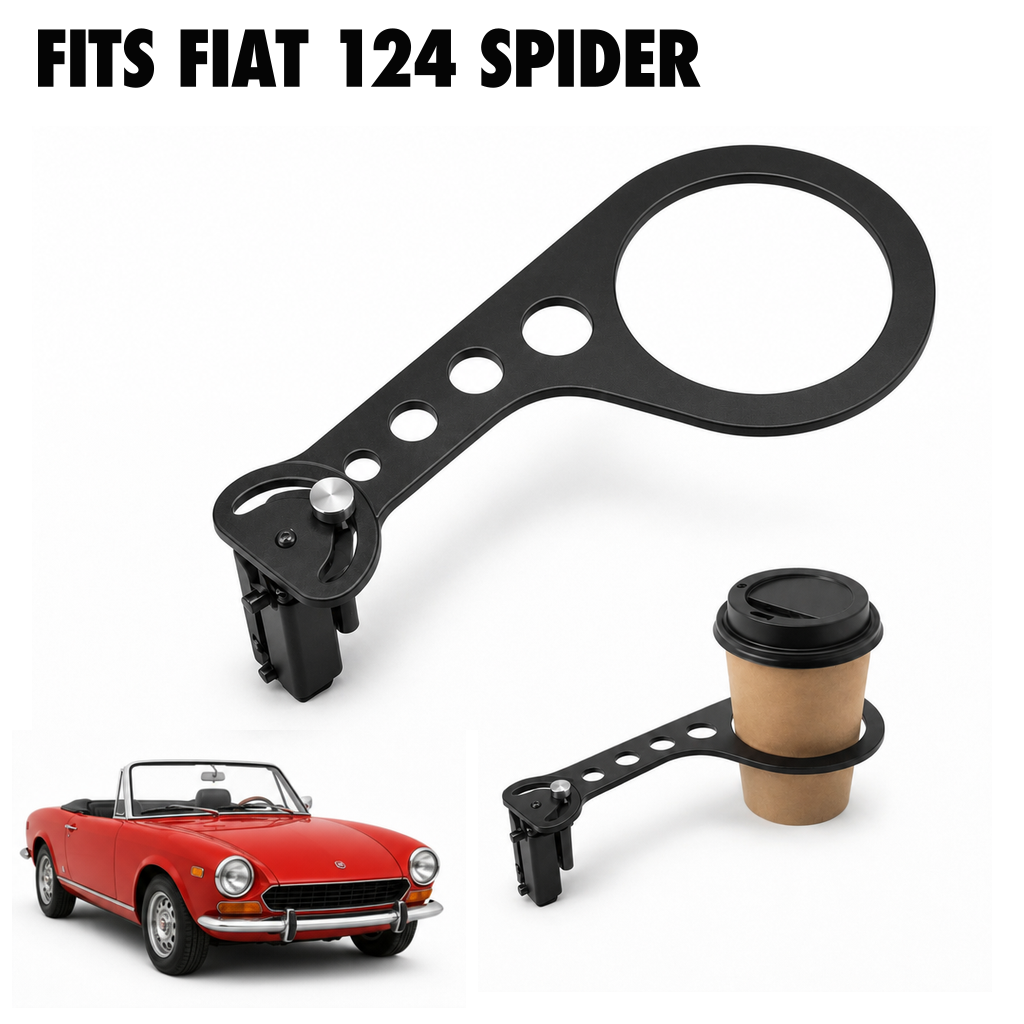 Rinashi Fiat 124 Spider no-drill seat-rail cup holder with Fiat 124 Spider vehicle