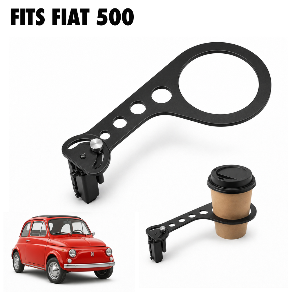 Rinashi Fiat 500 no-drill seat-rail cup holder with Fiat 500 vehicle