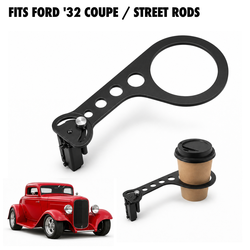 Rinashi Ford '32 Coupe / street rods no-drill seat-rail cup holder with Ford '32 Coupe / street rods vehicle