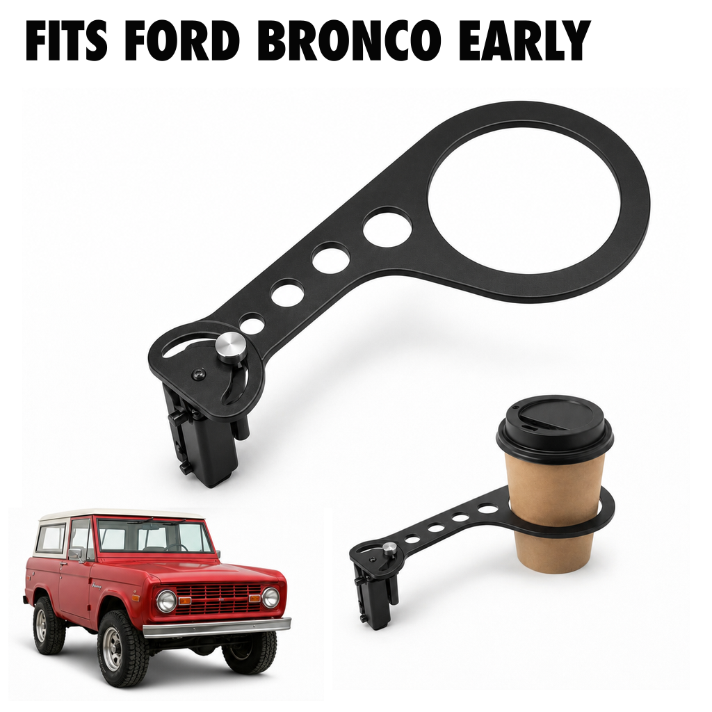 Rinashi Ford Bronco Early no-drill seat-rail cup holder with Ford Bronco Early vehicle