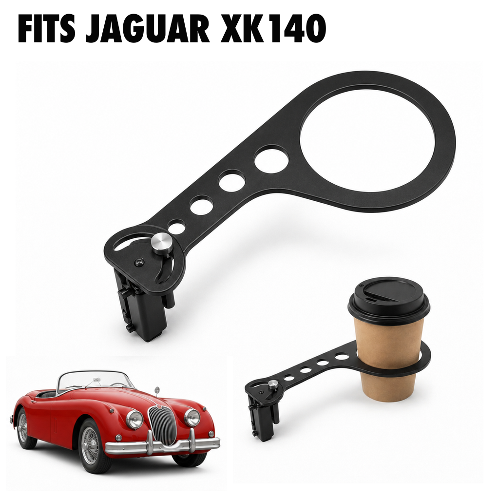 Rinashi Jaguar XK140 no-drill seat-rail cup holder with Jaguar XK140 vehicle