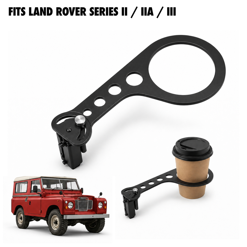 Rinashi Land Rover Series II / IIA / III no-drill seat-rail cup holder with Land Rover Series II / IIA / III vehicle