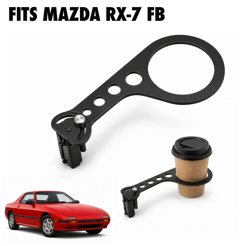 Rinashi Mazda RX-7 FB no-drill seat-rail cup holder with Mazda RX-7 FB vehicle