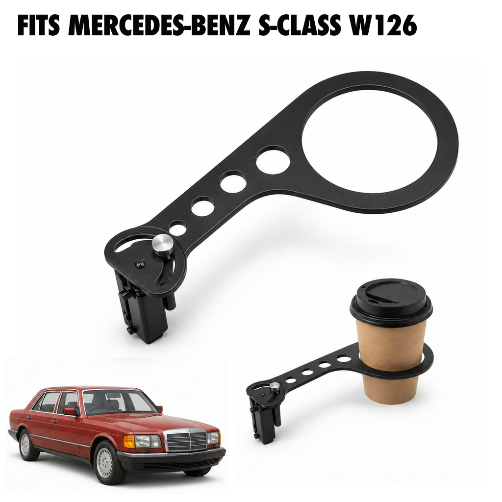 Rinashi Mercedes-Benz S-Class W126 no-drill seat-rail cup holder with Mercedes-Benz S-Class W126 vehicle