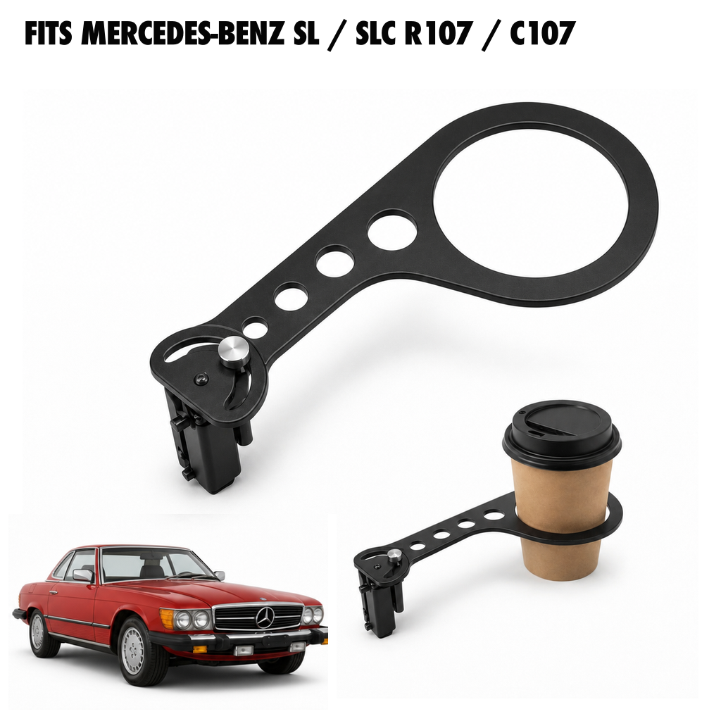 Rinashi Mercedes-Benz SL / SLC R107 / C107 no-drill seat-rail cup holder with Mercedes-Benz SL / SLC R107 / C107 vehicle