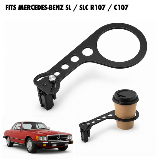 Rinashi Mercedes-Benz SL / SLC R107 / C107 no-drill seat-rail cup holder with Mercedes-Benz SL / SLC R107 / C107 vehicle