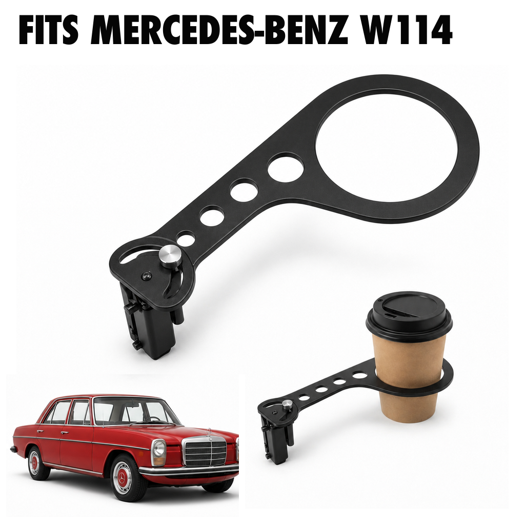 Rinashi Mercedes-Benz W114 no-drill seat-rail cup holder with Mercedes-Benz W114 vehicle