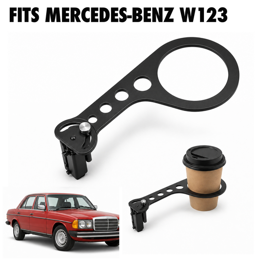 Rinashi Mercedes-Benz W123 no-drill seat-rail cup holder with Mercedes-Benz W123 vehicle