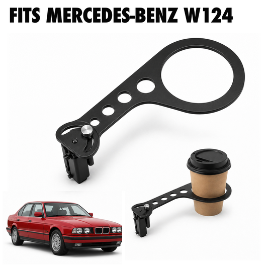 Rinashi Mercedes-Benz W124 no-drill seat-rail cup holder with Mercedes-Benz W124 vehicle