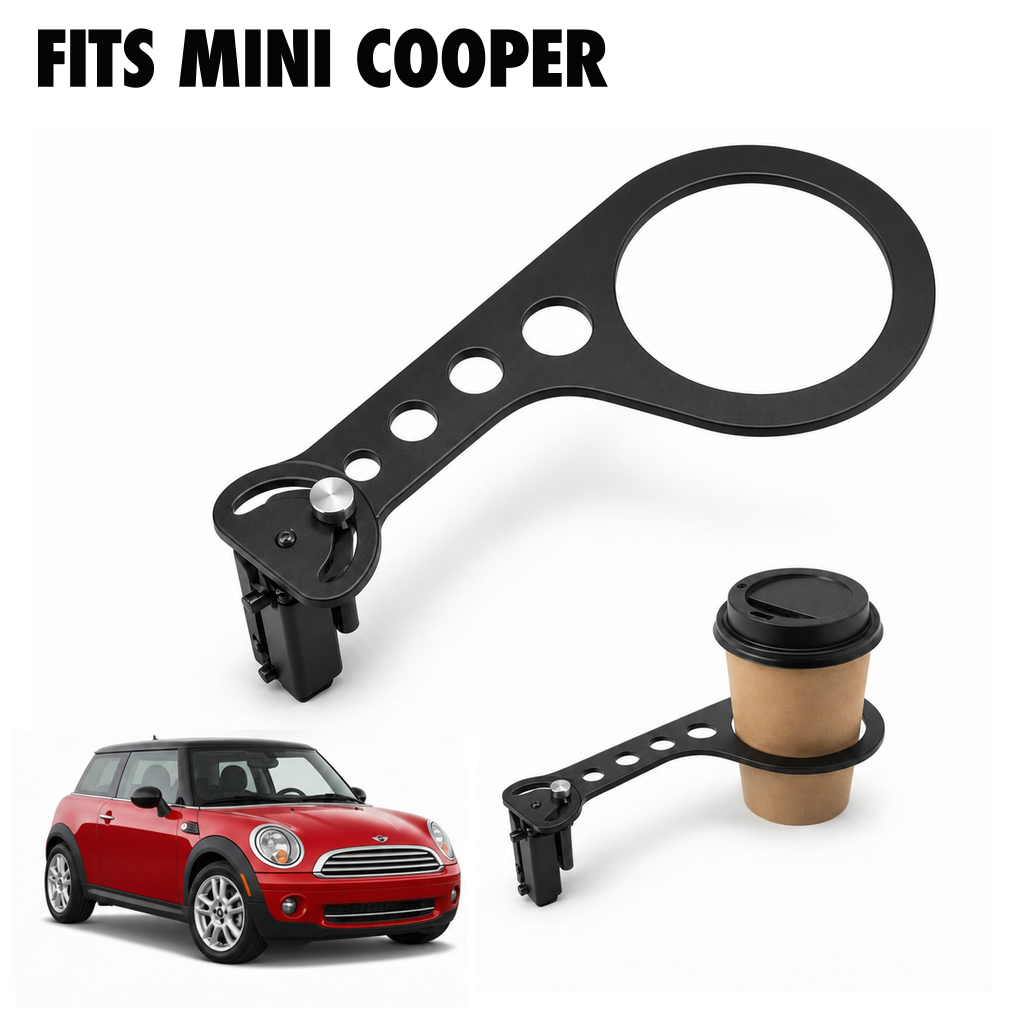 Rinashi MINI Cooper no-drill seat-rail cup holder with MINI Cooper vehicle
