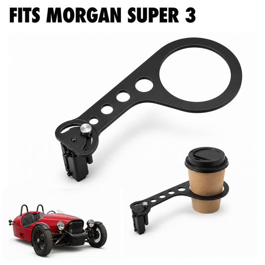 Rinashi Morgan Super 3 no-drill seat-rail cup holder with Morgan Super 3 vehicle