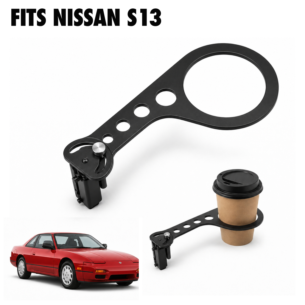 Rinashi Nissan S13 no-drill seat-rail cup holder with Nissan S13 vehicle