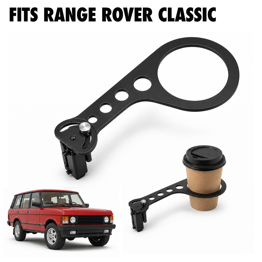 Rinashi Range Rover Classic no-drill seat-rail cup holder with Range Rover Classic vehicle