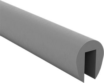 Cutaway profile of gray rubber gasket channel for cup holder fitment