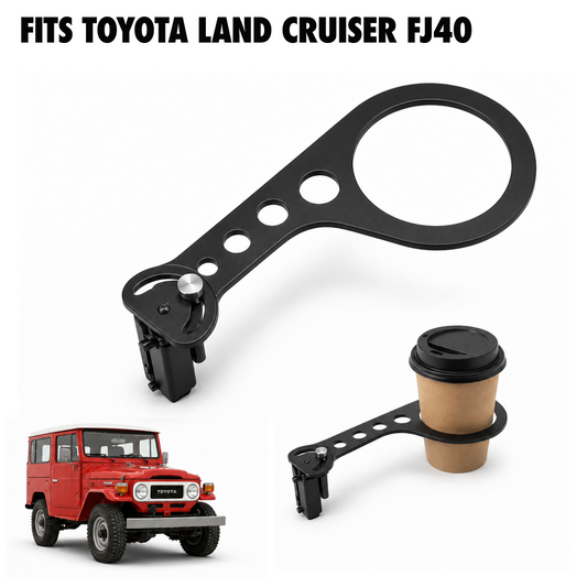 Rinashi Toyota Land Cruiser FJ40 no-drill seat-rail cup holder with Toyota Land Cruiser FJ40 vehicle