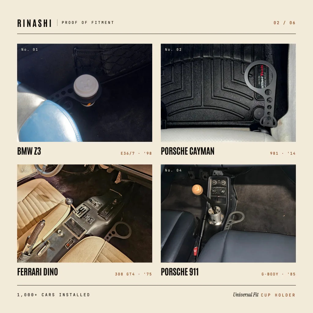 Fitment collage showing BMW Z3, Porsche Cayman, Ferrari Dino, and Porsche 911 interiors