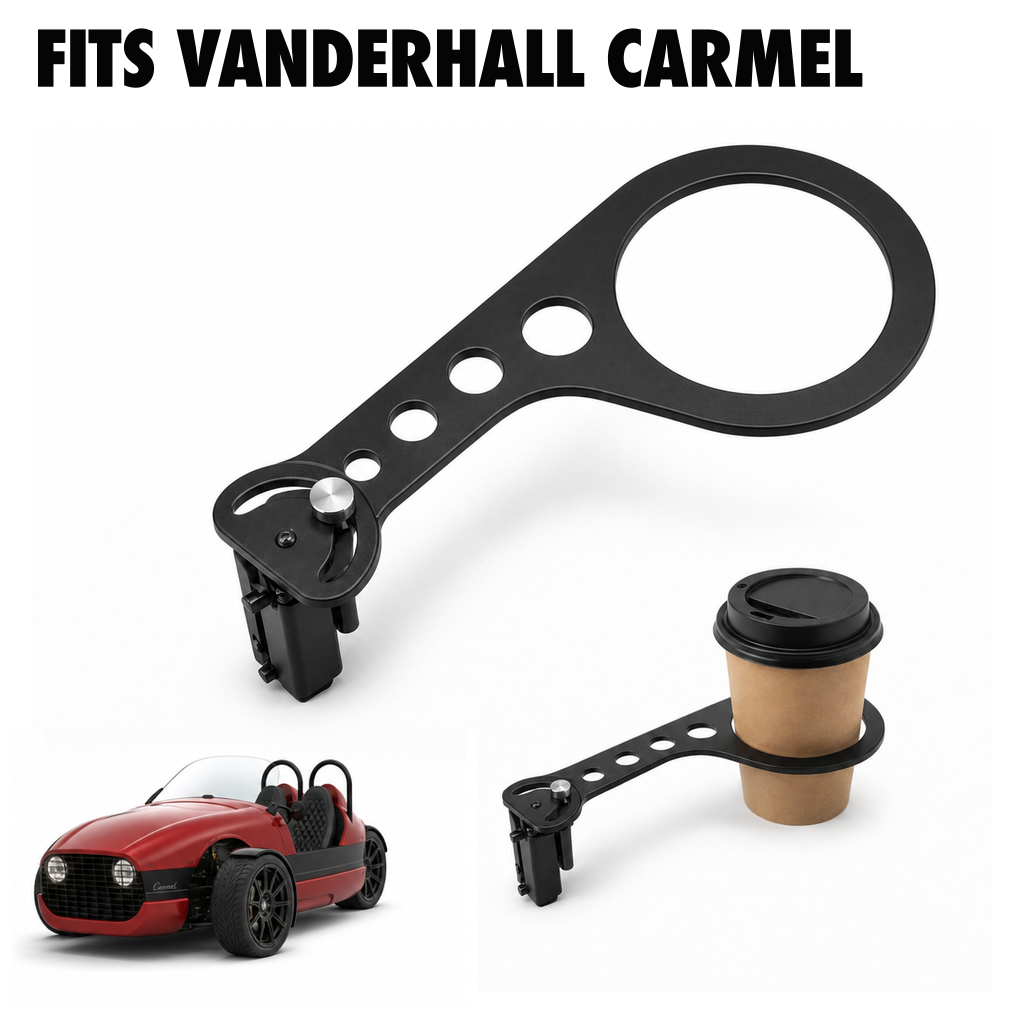 Rinashi Vanderhall Carmel no-drill seat-rail cup holder with Vanderhall Carmel vehicle