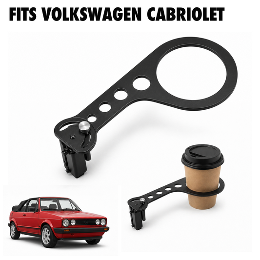 Rinashi Volkswagen Cabriolet no-drill seat-rail cup holder with Volkswagen Cabriolet vehicle