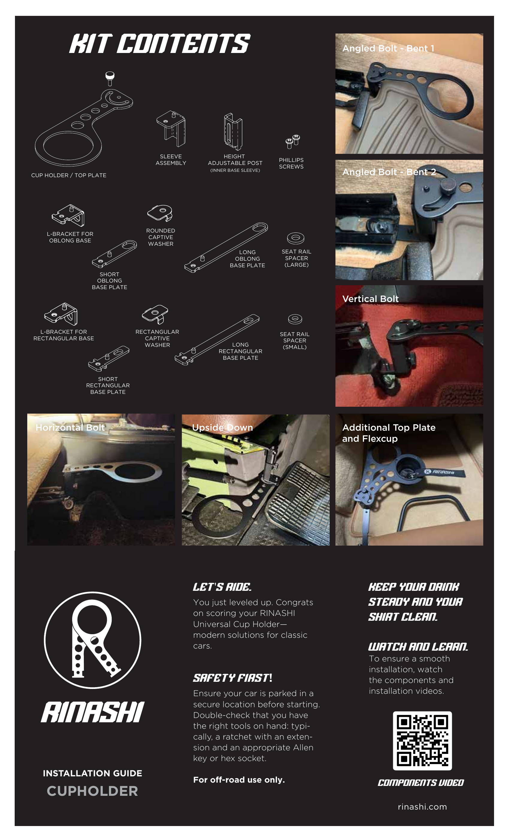 Rinashi cup holder V3 instruction sheet page 1 — kit contents and installation guide cover