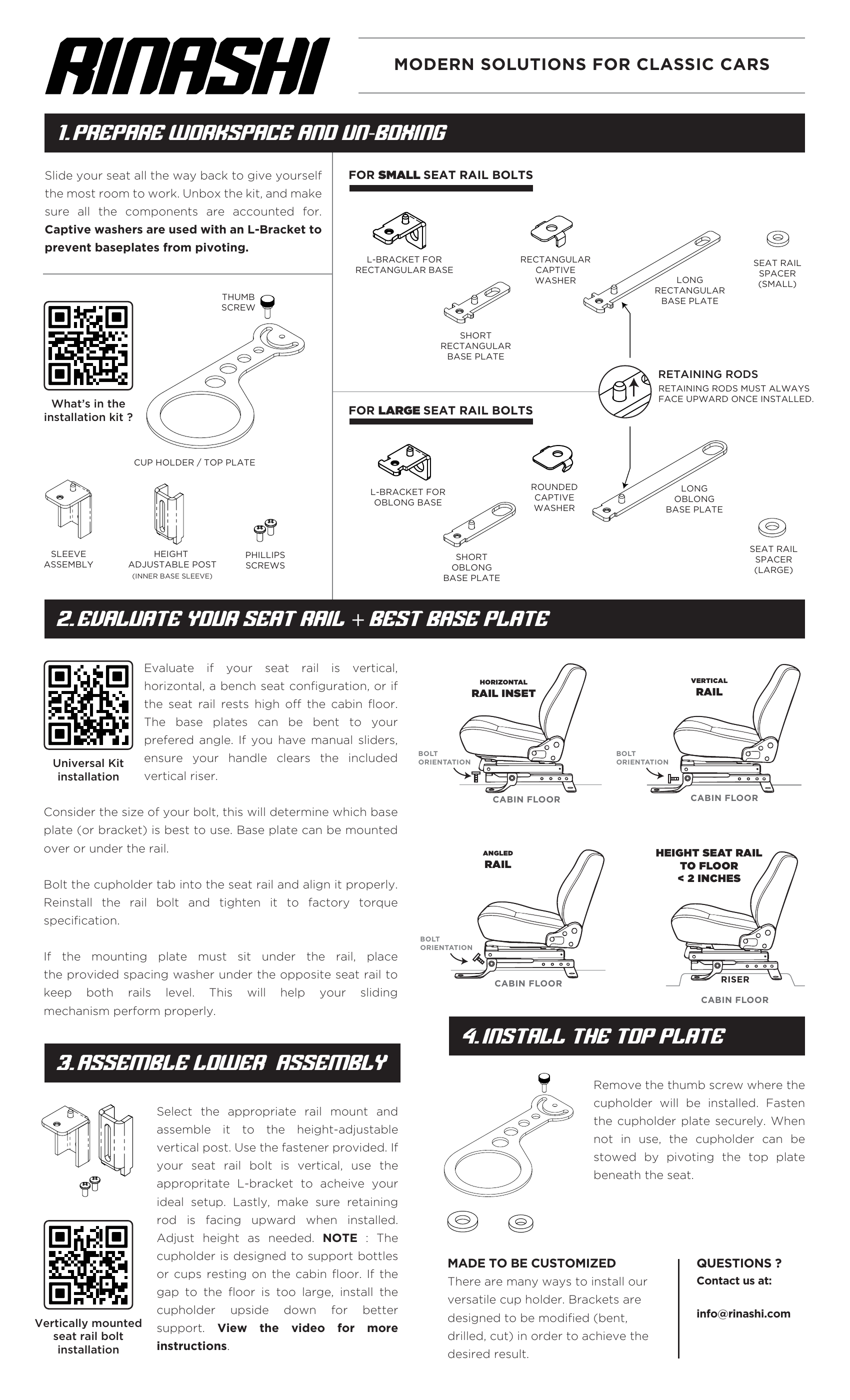 Rinashi cup holder V3 instruction sheet page 2 — seat-rail evaluation, base-plate selection and installation steps